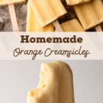 A pin for homemade orange creamsicles with a bite taken out of one.