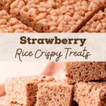 Pin image showing sliced strawberry rice crispy treats with text overlay.