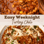 A pot of an easy simmering turkey chili recipe and a serving bowl of the turkey chili with corn, beans and tomatoes.