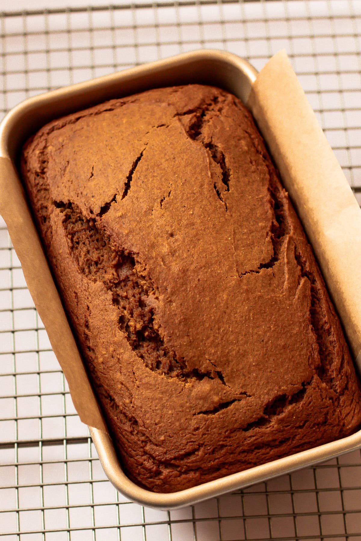 Freshly baked whole wheat pumpkin bread cooling in the pan on a wire rack.