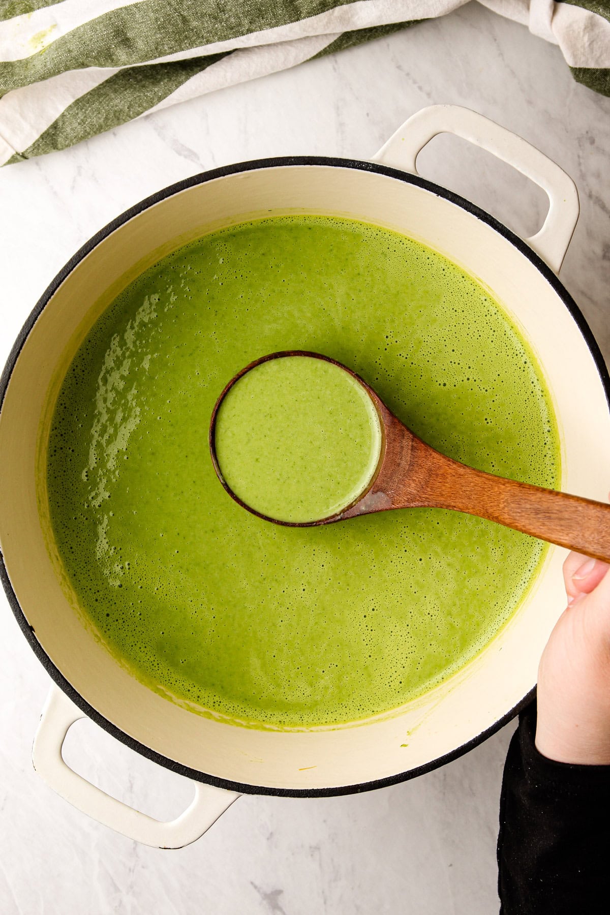 A bright green soup flavored like green goddess dressing.