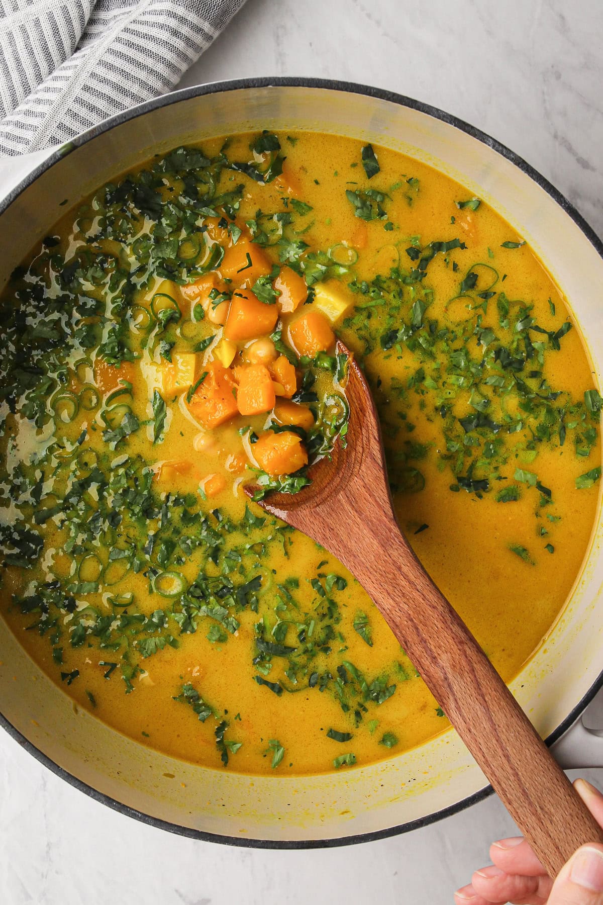 Winter squash soup prepared before being pureed.