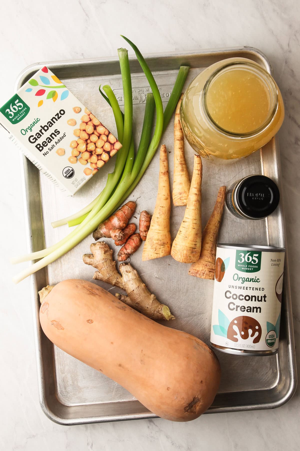 All of the ingredients for winter squash soup.