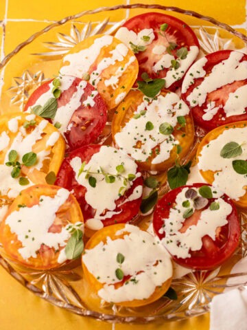 A creamy tomato salad with fresh herbs on a plate.