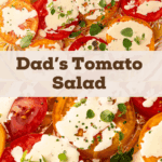 A creamy tomato salad with fresh herbs on a glass plate with a yellow background.