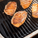Fully cooked juicy grilled chicken breasts outside in the bright sun.