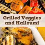 Grilled veggies with halloumi being prepared and plated.