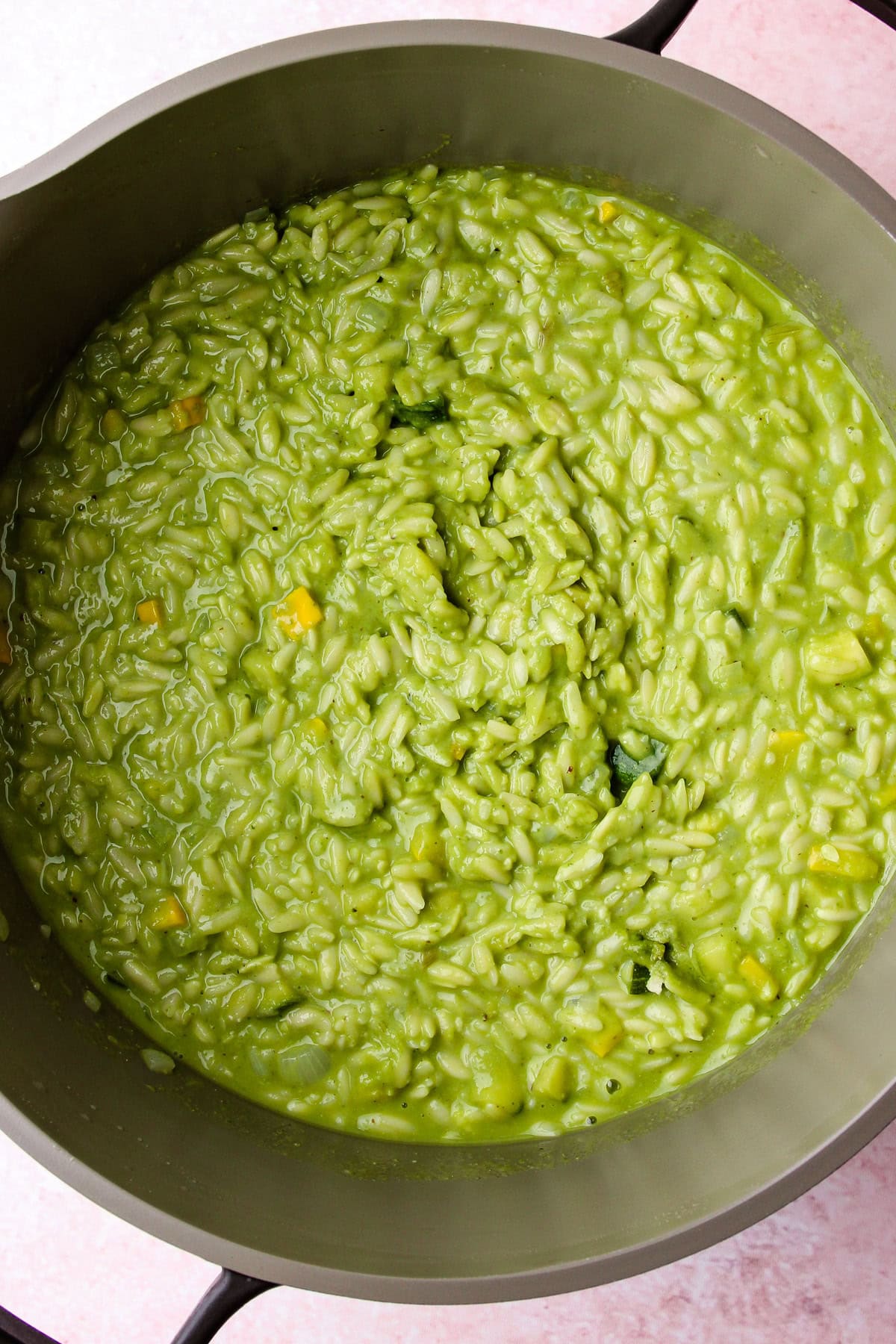A creamy pesto zucchini orzo recipe made in one pot.