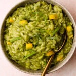 A serving of pesto zucchini orzo.