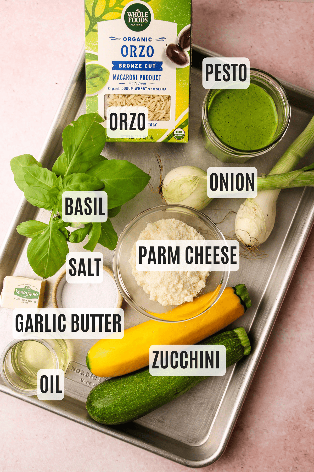 Ingredients for one-pot pesto zucchini orzo.