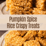 Prepared and cut rice crispy treats made with pumpkin puree and brown butter.