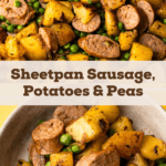 A sheet pan sausage and potato dinner hot from the oven.