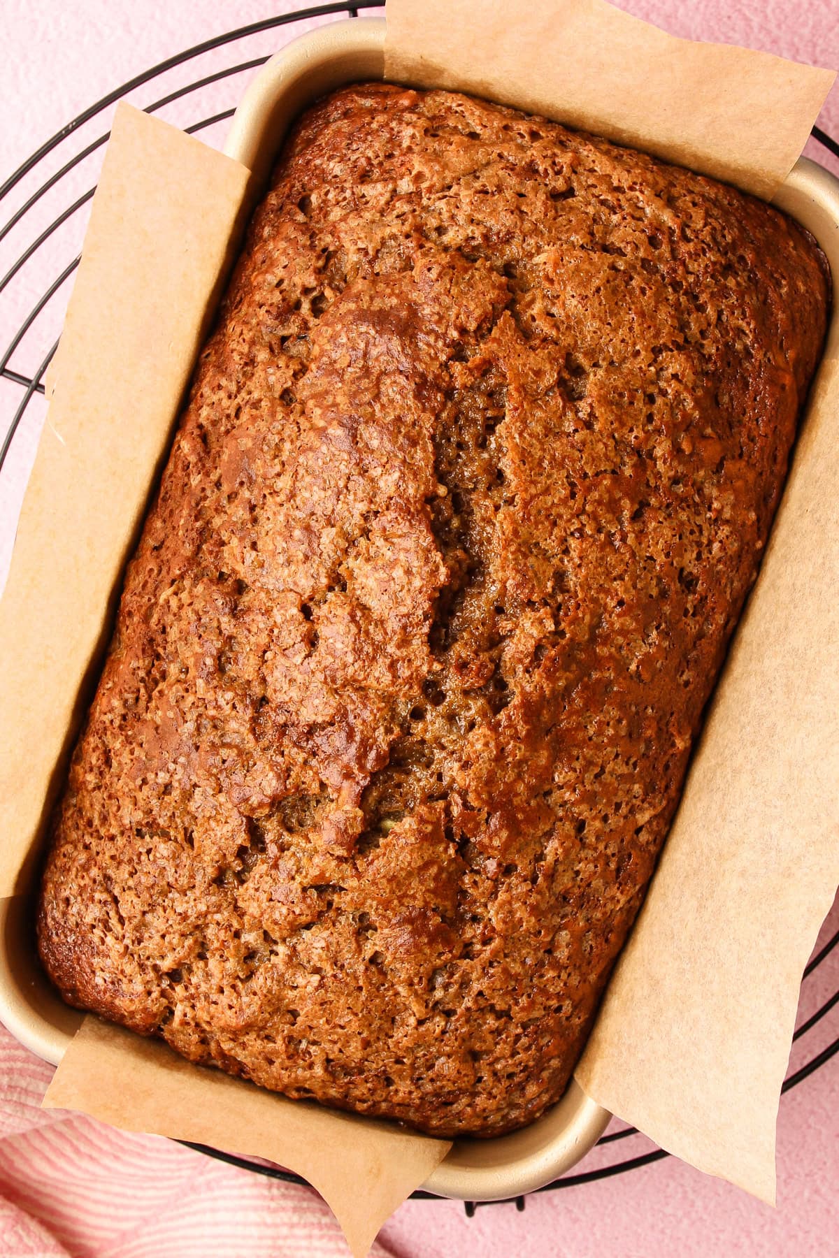A fully baked loaf of zucchini bread.