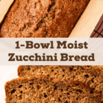 A baked zucchini bread in a bread pan on a cutting board and a slice of it.